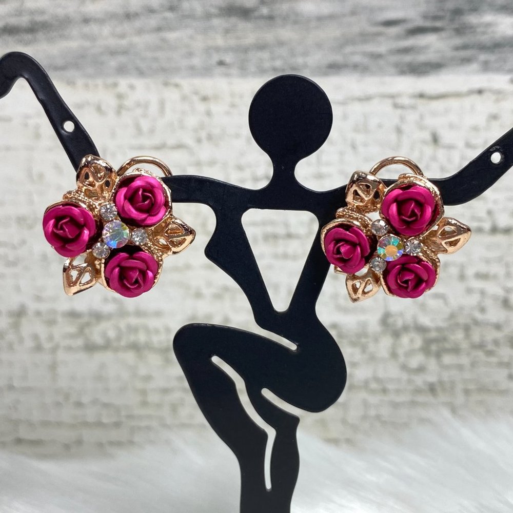 Pink Roses Gold Tone AB Rhinestone Pierced Earring - Picture 2 of 10